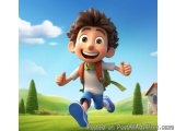 The image is a 3D illustration of a young boy running on a grassy field with a house in the background. The boy has brown hai...