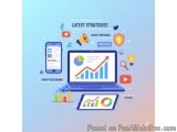 The image is an illustration that represents the latest strategies for a website. It has a blue background with various icons...