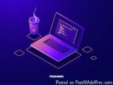 The image is an illustration of a laptop and a cup of coffee on a purple background. The laptop is in the center of the image...