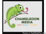 The image is a logo for a company called "Chameleon Media". It features a cartoon illustration of a green chameleon sitting o...