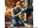 In this image, we can see a man wearing an orange hard hat and overalls, kneeling on the floor in front of a fireplace. He is...