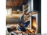 In this image, we can see a man working in a kitchen. He is kneeling on the floor in front of a fireplace, holding a tool bel...