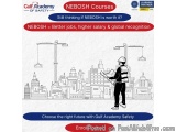 The image is an advertisement for Gulf Academy of Safety's NEBOSH courses. It has a white background with a black and white i...