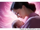 The image is a digital illustration of a mother holding her newborn baby in her arms. The mother is wearing a pink robe and h...
