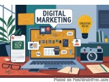 The image is an illustration of a desk with a laptop, a phone, a camera, and a pair of glasses on it. The laptop is in the ce...