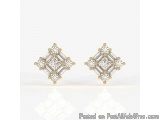 The image shows a pair of earrings. The earrings are made of gold and have a square shape with a diamond in the center. The d...