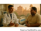 The image shows two men sitting in a hospital room, engaged in a conversation. The man on the left is a doctor, wearing a whi...