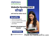 The image is an advertisement for Digilinkers Academy website development course in Hindi. It has a blue background with whit...