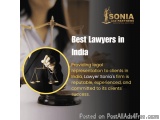 The image is an advertisement for Sonia and Partners, a law firm in India. The background is black and the text is in white....