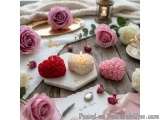 The image is a flat lay of a table setting with a romantic theme. The table is covered with a white tablecloth and is decorat...