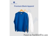 The image shows two sweatshirts hanging on a wooden hanger. The sweatshirt on the left is blue and the one on the right is wh...