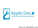 The image is a logo for Apple Doc, a mobile service platform. The logo is a simple design with a blue color scheme and the te...