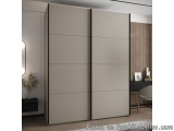 The image shows a modern and minimalist bedroom with a large sliding wardrobe in the center. The wardrobe is made of wood and...