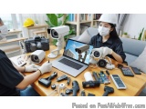 The image shows two people working on a laptop computer in a room with a desk and various security cameras. The person on the...