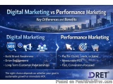 The image is an infographic that explains the differences between digital marketing and performance marketing. It has a blue...