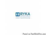 The image is a logo for a brand of interior solutions called Ryka Restroom Cubicles. The logo is a blue square with the compa...
