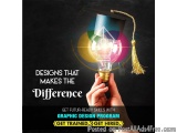 The image is an advertisement for a graphic design program. It has a black background with a hand holding a light bulb with a...