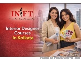The image is an advertisement for an interior designer course in Kolkata, India. It features two young women standing in fron...