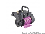 The image shows a black-colored water pump with a purple-colored motor attached to it. The pump has a black handle on the top...