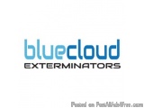 The image is a logo for BlueCloud Exterminators. The logo is written in a modern, sans-serif font and is in a light blue colo...