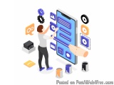 The image is an isometric illustration of a person standing in front of a large smartphone with a blue screen. The person is...