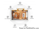 The image is a 3D floor plan of a house. The house is divided into three sections. The top section shows the interior of the...