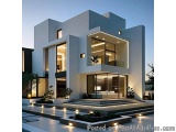 The image is a 3D rendering of a modern two-story house. The house is white in color and has a modern design with large windo...