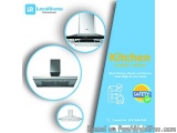 The image is an advertisement for a kitchen range hood. It has a blue background with three circular images of the range hood...