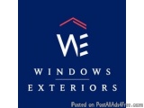 The image is a logo for Windows Exteriors, a company that provides windows and doors services. The logo is a blue square with...