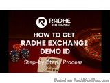 The image is a graphic design that explains how to get RADHE EXCHANGE DEMO ID step-by-step process. It has a red background w...