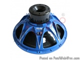 The image shows a close-up of a blue-colored subwoofer with a black-colored ring around the center. The ring has a unique des...