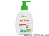 The image is of a white plastic bottle with a green pump dispenser. The bottle is labeled "KidBasics Moisturizing Baby Lotion...