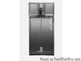 The image is of a black perfume bottle with a sleek and modern design. The bottle is cylindrical in shape with a flat base an...