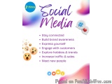 The image is an infographic that explains the benefits of social media. It has a purple background with the word "Social Medi...