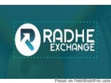 The image is a logo for the Radhe Exchange, a financial services company. The logo is rectangular in shape and has a dark gre...