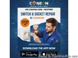 The image is an advertisement for Coneon Construction Needs Online's first-free switch and socket repair service. The backgro...