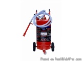 The image shows a red-colored fire extinguisher with a blue hose attached to it. The extinguisher is mounted on four wheels,...