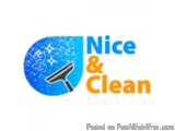 The image is a logo for a cleaning company called "Nice & Clean". The logo is rectangular in shape and has a blue background...