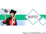 The image is a digital advertisement for a company called UPES. It features a young woman wearing a black graduation cap and...