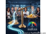 The image shows a golden-colored scale with a magnifying glass on top of it, representing the concept of ROI (Return on Inves...