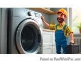 The image shows a cartoon character of a man wearing a yellow hard hat and blue overalls, standing in front of a washing mach...