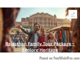 The image shows a family of three - a man, a woman and a girl - standing in front of the iconic Jaipur Fort in Rajasthan, Ind...
