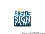 The image is a logo for the Pacific Sign Center. The logo is rectangular in shape and has a blue background with white text....