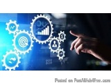 The image shows a person's hand touching a gearwheel on a blue background. The gearwheel is made up of multiple gears of diff...