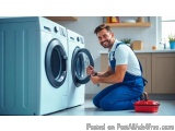In this image, we can see a man in a blue overalls kneeling on the floor in front of a washing machine. He is holding a wrenc...