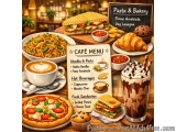 The image is a digital illustration of a cafe menu. The menu is written in black text on a white background and is divided in...