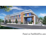 The image is a 3D rendering of a modern building with a unique design. The building is a two-story structure with a flat roof...