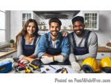 The image shows three young people, two men and a woman, sitting at a kitchen counter with various tools and equipment scatte...