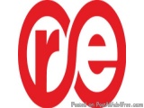 The image is a logo of the word "re" written in red capital letters. The letters are arranged in a circular shape, with the "...