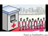 The image is a digital illustration of a group of people standing in front of a small white building with a red cross on the...
